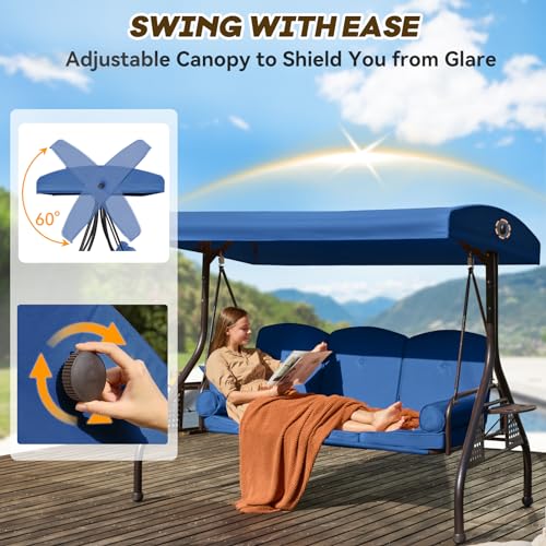 Image of 3 in 1 Outdoor Porch Swing with Adjustable Canopy, 3 Seat Outdoor Swing for Adults, Patio Swing Chair with Thickened Cushions,Pillows & Cup Holders for Backyard, Porch, Garden (Blue)
