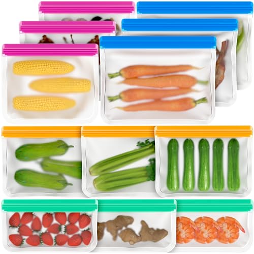 Septeamay 12 Pack Reusable Freezer Bags BPA Free Food Bags Zip Seal For Keeping Lunch Sandwich Snacks Fruit Vegetables Soup Meat Grains Fresh Clear Silicone Leakproof Food Storage Bags - 4 Sizes