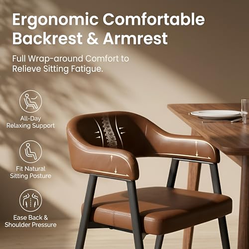 Image of HNY Modern Dining Room Arm Chairs Set of 6, Retro Faux Leather Upholstered Barrel Dining Chairs with Arms Mid-Century Brown Accent Chair with Metal Legs, Open-Back Kitchen Side Chair for Living Room
