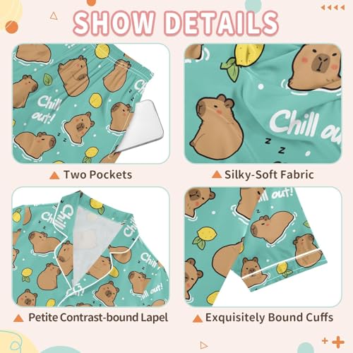 senya Chill Out Cute Capybara Satin Summer Pajama Sets Silk Short Sleeve Button Down Sleepwear3