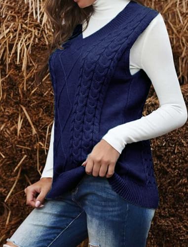 Image of Women's Sweater Vest,Long Cable Loose Knitted Sleeveless V Neck Casual Sweaters Tank Top S~XL