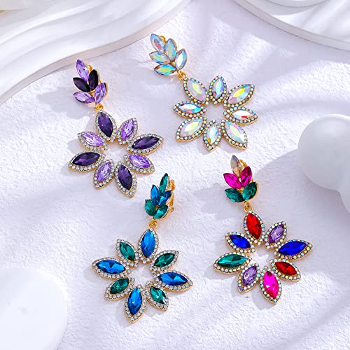 Clip On Earrings For Women Flower Cluster Clip Earrings Rhinestone Crystal Chandelier Big Statement Clip On Earrings Dangle Hypoallergenic For Fancy Prom Party Mother's Day Gifts #TOP6
