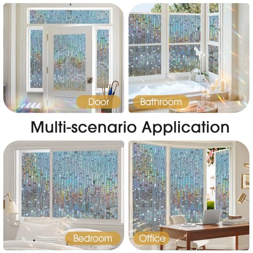 Image of Windimiley Rainbow Window Privacy Film, 3D Stained Glass Christmas Decorative Window Clings, UV Heat Blocking Holographic Prism Stickers for Home (35.4 x 157.5In,Brown)