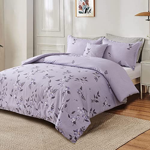 Purple Comforter Set Queen, 4 Pieces Botanical Bedding Set Plant Flowers Printed Comforter With 3 Pillow Shams For All Seasons #TOP1