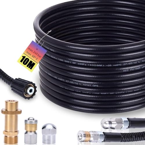 Tuyau Déboucheur Canalisation pour Nettoyeur Haute Pression 10m 240bar avec Adaptateur M22, Kit Furet Professionnel Buses Rotatives et Fixes, Compatible...