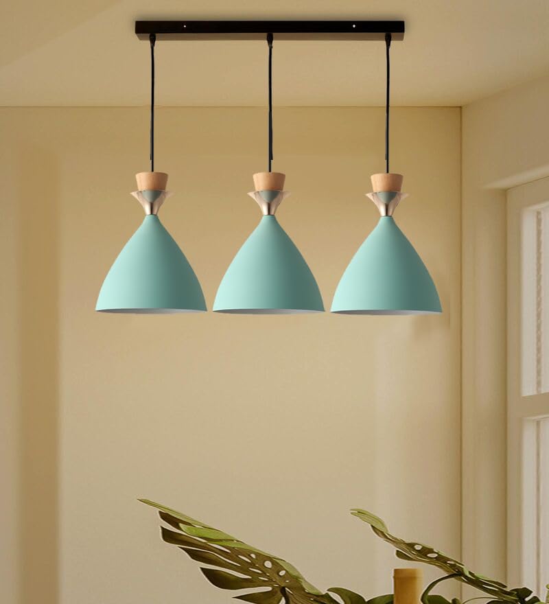 Image of Modern Aqua Blue Dome Hanging Pendant Light for Ceiling, Aluminium, Antique Decor, E-27 Holder, (Bulb is not Included) 3 Light Linear Set
