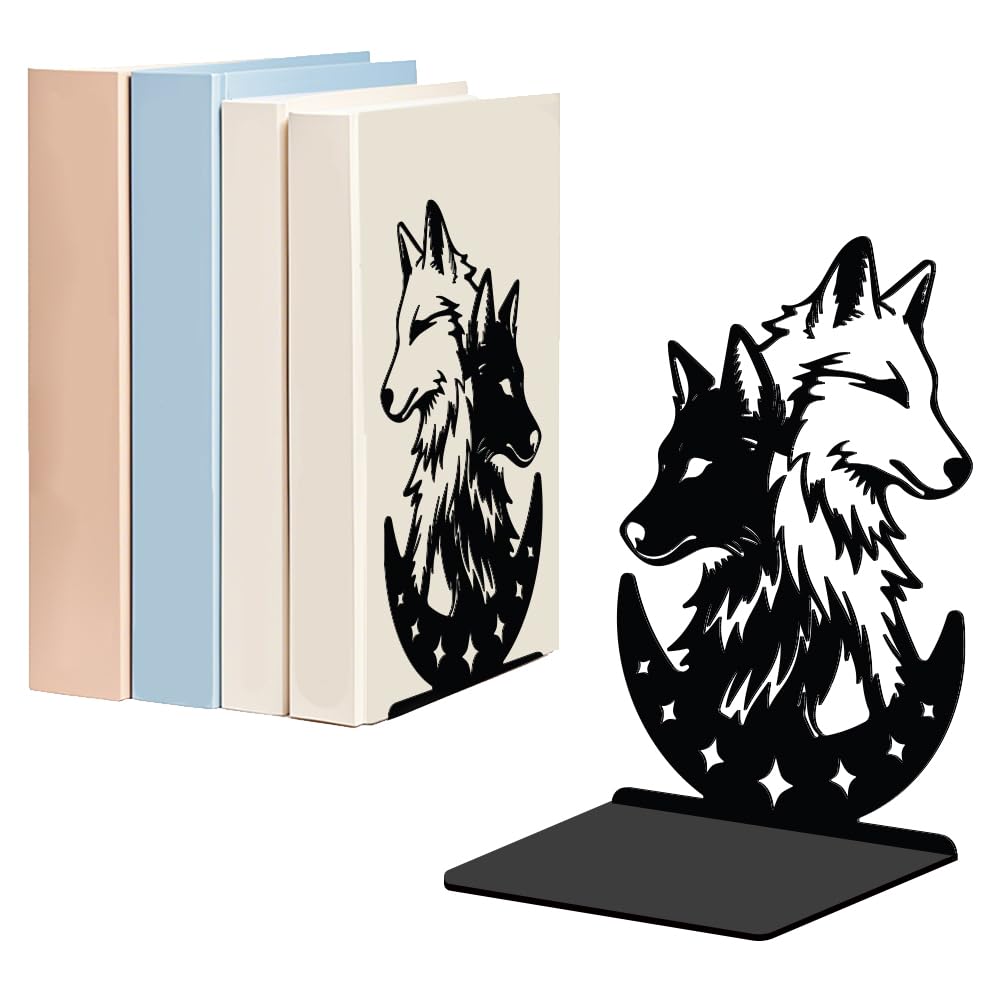 WADORN 1 Pair Wolf Moon Metal Decorative Bookends, Wild Wolf Head Heavy Duty Decorative Book Ends Non-Skid Black L-Shaped Book Holder Stopper for Library Home Office Back to School, 5.3x4.3x7.9 Inch