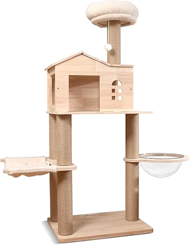 Moderno árbol de madera para gatos de interior, torre de madera para gatos de 59 pulgadas, árbol de madera de goma de varios niveles con casa para