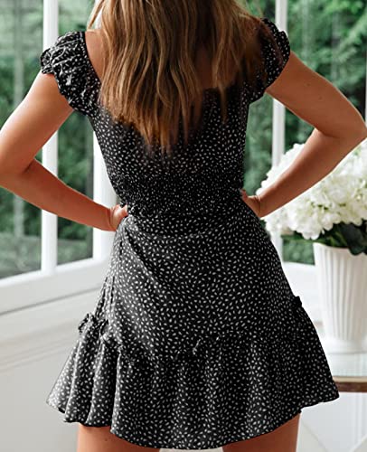 Image of Womens Summer Sundress Ruffle Sleeve Sweetheart Neck Print Mini Dress | Sundresses, Smocked Waist, Boho Floral, Flowy Ruffle Hem, Beach, Country Concert, Date Night