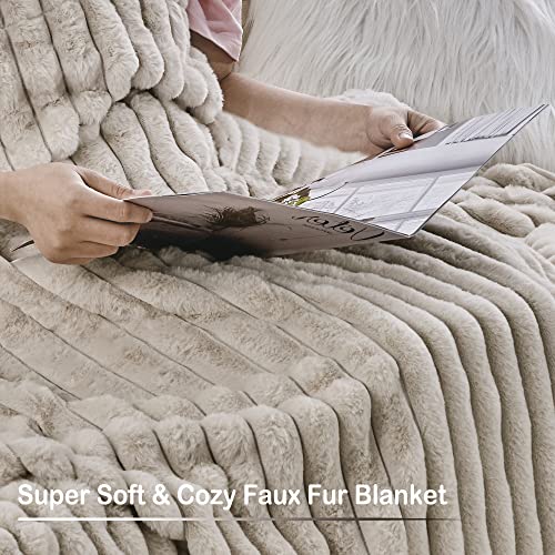 softan Warm Faux Fur Blanket with Flannel Fleece Reverse, Fuzzy Striped Fleece Throw Blanket for Couch Sofa Bed Living Room, Beige/Cream White - Double 150 x 200 cm - Image 6