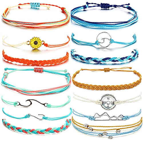 3 Sets Wave Bracelet for Women Bohemian Handmade Braided Adjustable Beach Bracelet for Girls D:Rainbow Set
