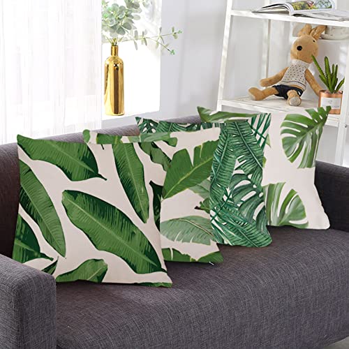 Ezving Pack Of 4 Green Tropical Leaves Throw Pillow Cover Summer Palm Tree Leaf Outdoor Decorative Linen Square Cushion Cover With Hidden Zipper For Sofa Bed Couch Car Living Room Decor 18X18 Inch #TOP6