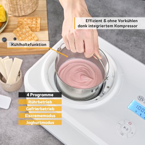 TZS First Austria Eismaschine | 1,5L | Kompressor | Entnehmbarer Edelstahl Behälter | Rezeptheft | LCD-Bildschirm | Eiscreme & Joghurt | Kühlhaltung – Bild 6