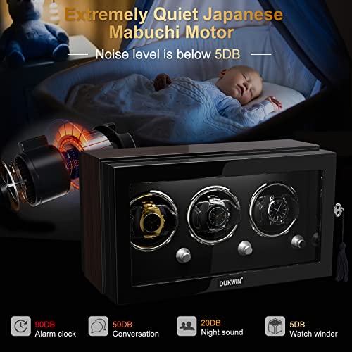 Dukwin Watch Winder, Automatic Watch Winder For 3 Watches, Key Lock To Unlock, Equipped With Quiet Motor, 4 Rotation Modes, Adjustable Watch Pillow,With Led Lighting #TOP4