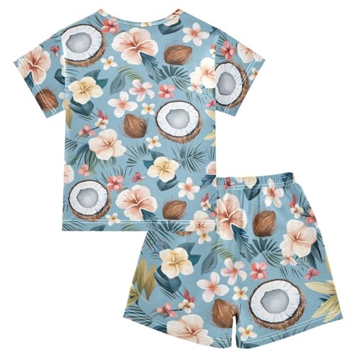 ALAZA Coconut Tropical Flower Palm Leaves Blue Pajamas Short Sleeve 2 Piece Sleepwear Top and Bottom Pajama Set Unisex2