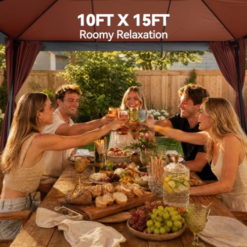 Image of COBIZI 10x15 Outdoor Patio Gazebo with Privacy Curtains, Brown