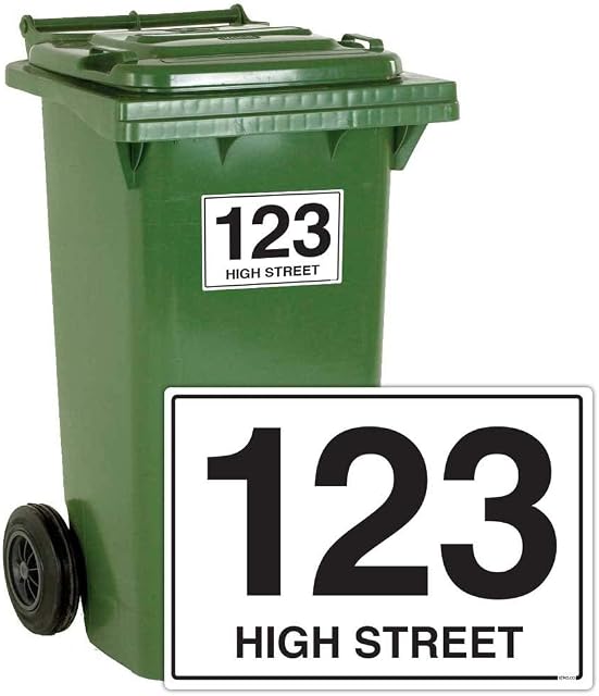 stika.co Pack of 4 Personalised waterproof wheelie bin Number and Road Name stickers - Bin and Recycle waste containers Self-adhesive Vinyl stickers (A6-148x105mm, White Vinyl)