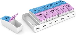 EZY DOSE Weekly (7-Day) AM/PM Pill Organizer, Vitamin and Medicine Box, Large Pop-out Compartments, 2 Times a Day, Blue and Purple Lids