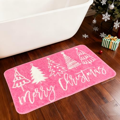 Zrmqh Christmas Bathroom Rugs 31.5x19.7 Inch Bath Mat with Xmas Tree Pattern Non-Slip Rubber Merry Christmas Decor Doormat for Home Kitchen Bedroom Shower Floor Indoor/Outdoor Absorbent Washable Pink
