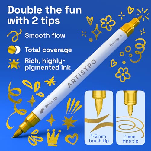 Image of ARTISTRO 24 Gold Acrylic Paint Markers - Paint Pens for Drawing - For Fabric, Rock, Glass, Wood, Molds - Arts & Crafts Gift for Adults, Teens, Kids, Classroom Must Haves & School Supplies
