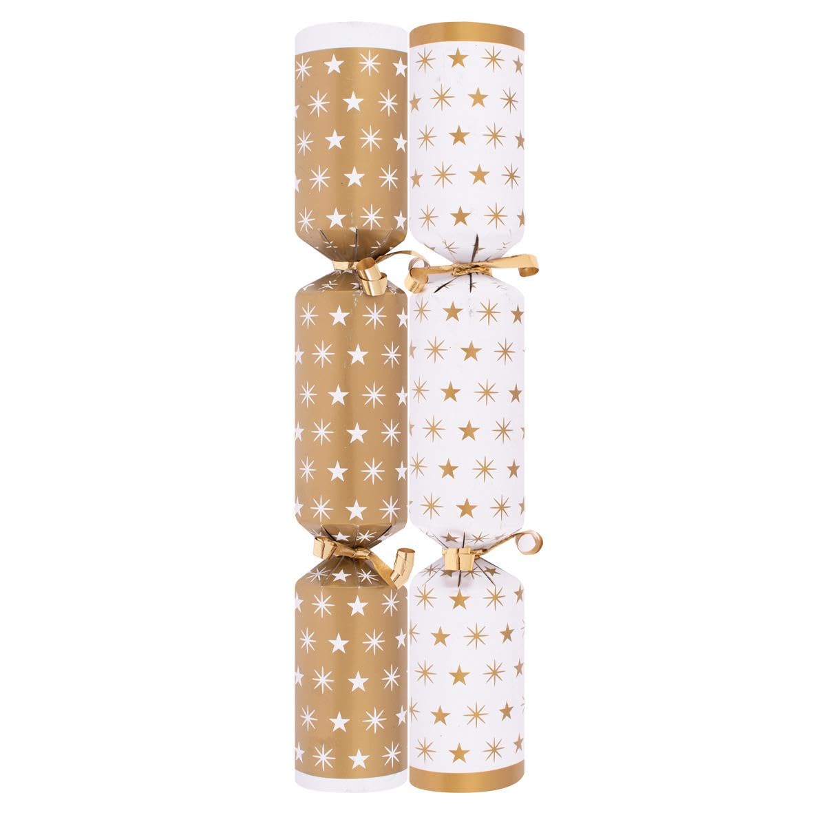 Yöl Gold Pack Of 50 White Stars Christmas Crackers - 10" Xmas Party Wedding Venue Event New Years Eve Catering Bulk Box - Contains Paper Hats Jokes Prizes Festive Celebration
