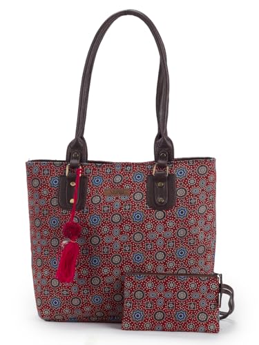 Image of NEPRI Office Pouch Tote Bag | Stylish Set of 2 Tote Bags for Women| Vegan Leather & Handblock Printed Fabric Handbag with Double Handle Shoulder Strap| Daily & Travel Use