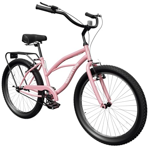 Max4out Women's Beach Cruiser Bike, Womens Bicycle with Rattan Front Basket, 24 & 26 Inch Comfort Bikes with Adjustable Seat and Dual V-Brake (26 Pink)