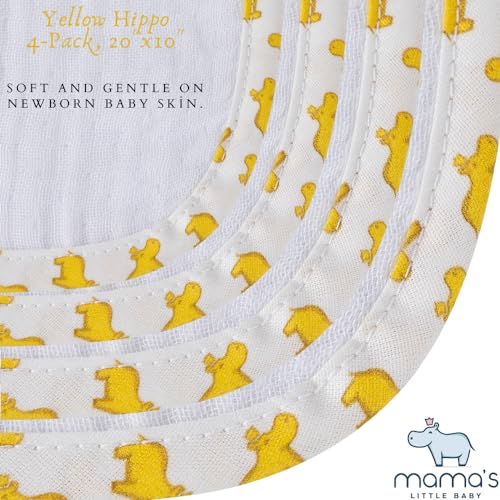 Mama's Baby - Muslin Burp Cloths Sets for Unisex 100% Cotton Hand Washcloths for Babies, Baby Essentials Perfect for Newborn Baby Burping Cloths/Burp Bibs (Yellow Hippo, 4-Pack, 20" X10")2