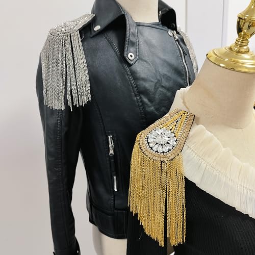 Image of Fashion rhinestone metal tassel epaulettes stage catwalk clothes accessories shoulder pad badge suit outer dress epaulettes DIY clothing accessories pins for men and women (one pair)