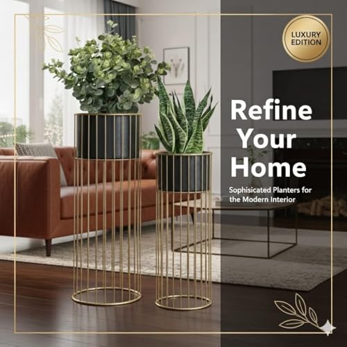 Image of Inspired Creations Modern Metal Floor Standing Planter Set of 2 | Decorative Gold & Black Indoor /Outdoor Plant Stand with Pots | Home Decor for Living Room, Balcony, Office & Bedroom