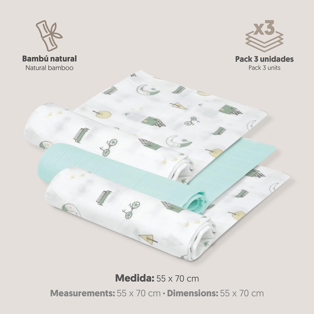 INTERBABY Set di 3 Mussole di Bambù MOON menta 55x70 cm per neonati