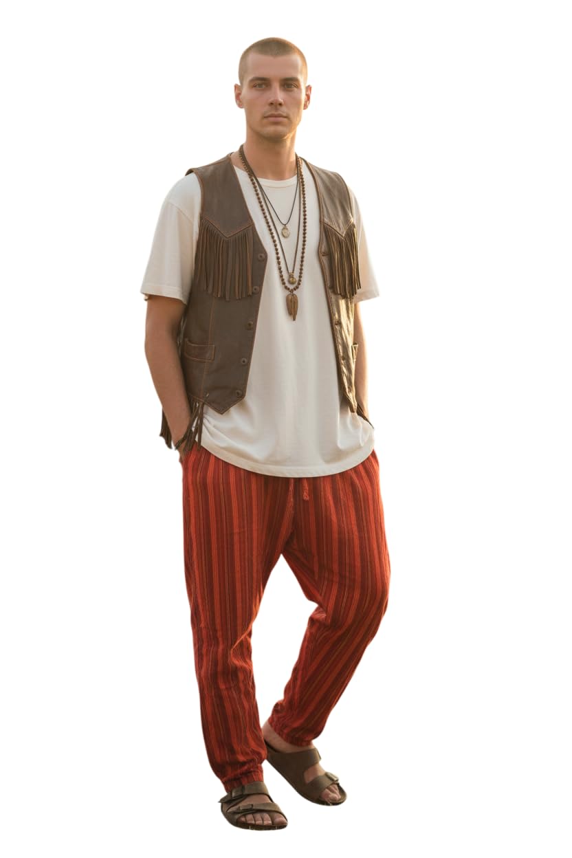 Terrapin Trading Fair Trade Nepalese Striped Trousers - Red/Orange Unisex 100% Cotton Loose Festival Travel Pants, Elasticated Waist & Ankle, N31 S-XXL (UK, Alpha, M, Regular, Regular)