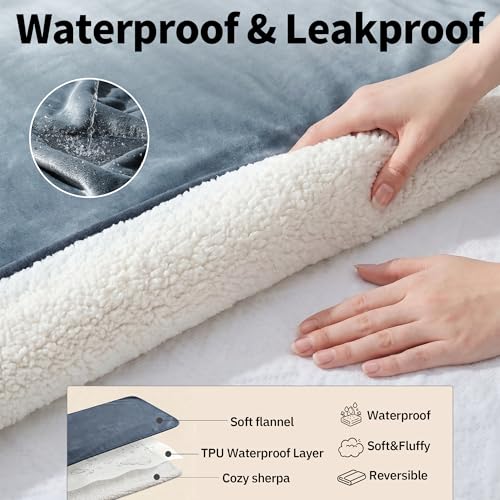 Image of Sunheir Waterproof Blanket for Bed Queen Size, Reversible Soft Sherpa Fleece Dog Pet Blankets, Leakproof Spill-Proof Love Blanket for Furniture & Sofa Protector, Camping, Travel, 90 inchx86 inch, Grey