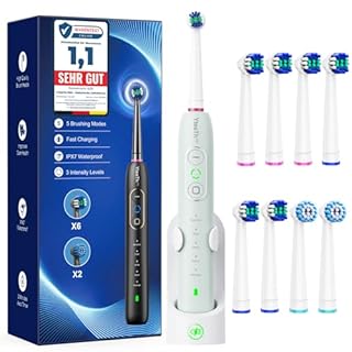 Spazzolino Elettrico Rotante per Denti Sensibili - Spazzolino Denti Rotante Adulti 3 Intensità, 5 Modalità, 8 Testine, Impermeabile IPX7, Spazzolino Elettrico Da Viaggio Ricaricabile, Verde Chiaro