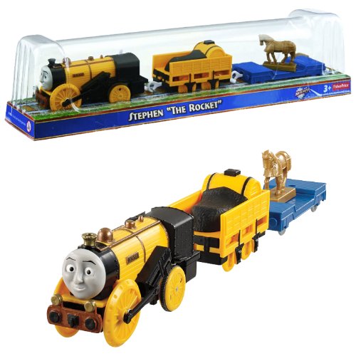 Fisher Price Year 2013 Thomas and Friends As Seen On "King of the Railway" DVD Series Trackmaster Motorized Railway Battery Powered Tank Engine 3 Pack Train Set - STEPHEN "THE ROCKET" with 1 Open-Top Carriage Car and 1 Flat-Bed Car with Horse Statue