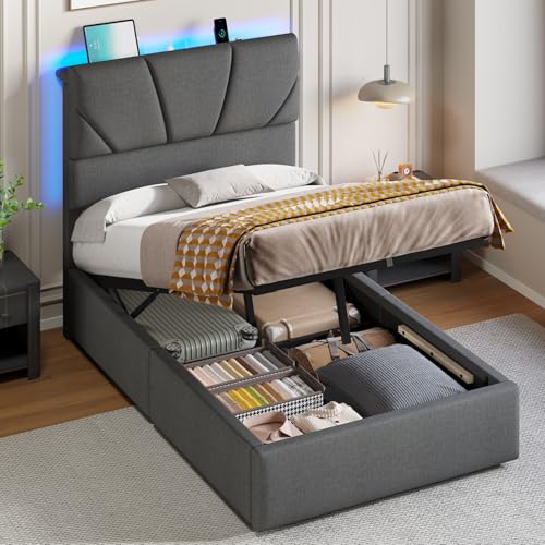 DICTAC 3ft Single Ottoman Bed with LED Lights 500L+ Storage Hydraulic Lift-Up Frame 52cm DualZone Upholstered Headboard with Charging Station Adjustable Height Grey
