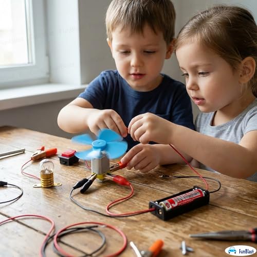 Image of FunBlast Science Experiment Kit - Science Kit for Kids, STEM Learning Kit, DIY Science Kit for Students & School Projects, Electric Circuit Kit for Students with Motor Fan Toy (Blue)