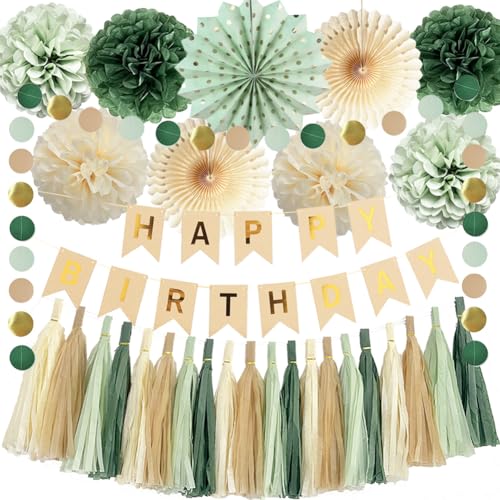 FETETIJD Sage Green Birthday Decorations with Happy Birthday Banner Sage Cream Paper Pom Poms Paper Tassels Circle Dots Garland for Girls Women Neutral Rustic Botanical Birthday Party Decor