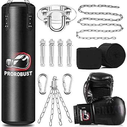 Prorobust Punching Bag, 4ft PU Heavy Boxing Bag Set with 12OZ Gloves Extended Chain for MMA Kickboxing Boxing Karate Home Gym Training (Unfilled) Cover