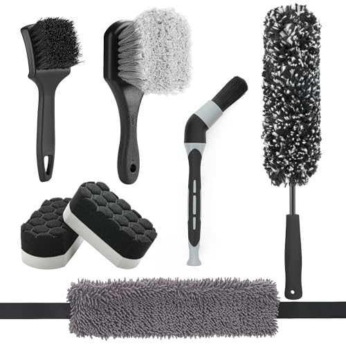 Fantasticlean 7PCS Car Wheel Brush Kit for Car Owners Detailers Soft-bristled Brush Tire brush for Car Detailing Rim Cleaning Tape Bendable & Curved Brushes and Pads for Home Shop Cars Trucks RVs