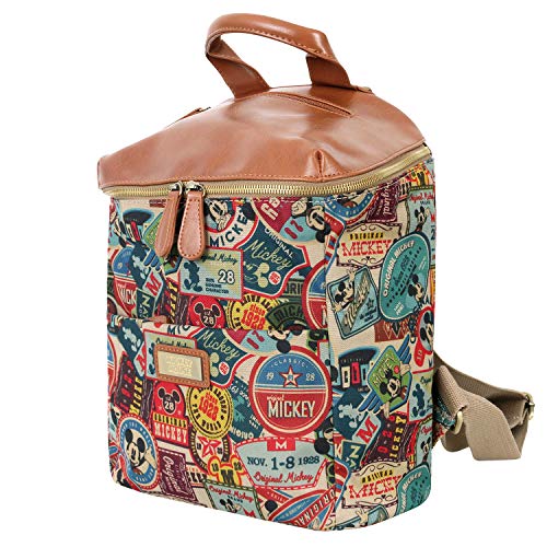 ililily X Disney Vintage Mickey Mouse Pattern Multi-Purpose Backpack Rucksack Casual Bag, Brown