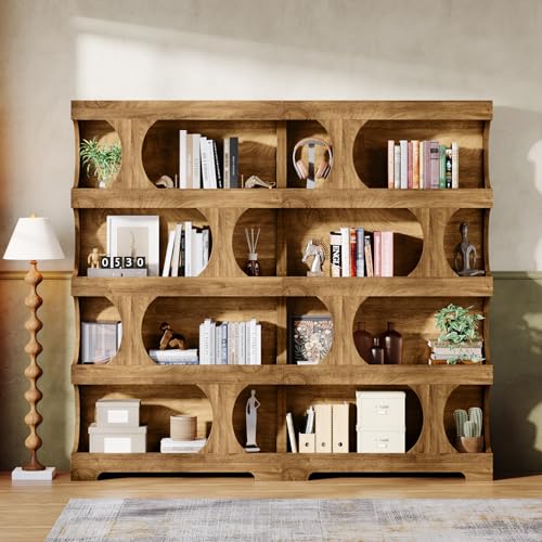 Image of Tribesigns 71 inch Tall Bookcase Set of 2, 4-Tier S-Shaped Bookshelf, Wood Decorative Storage Shelving, Modern Freestanding Display Shelves, Large Library Bookshelf Unit for Home Office Living Room, Brown