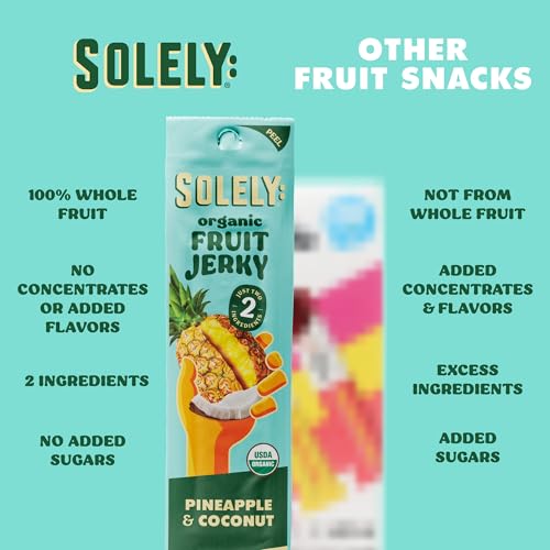 Image of SOLELY - Organic Pineapple Coconut Fruit Jerky - 12 Individually Wrapped Strips - Fruit Leather Made from Dried Fruit - Healthy Snacks for Adults & Kids - Non GMO, Vegan Snacks - 0.8oz (23g)