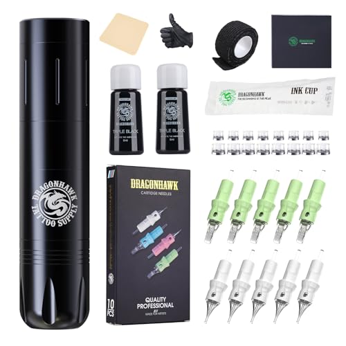 Dragonhawk X3 Pro Tattoo Wireless Gun Pen Machine Kit, Rca Jack Battery Power Supply, 10 Cartridges Needles, Tattoo Kit for Beginner