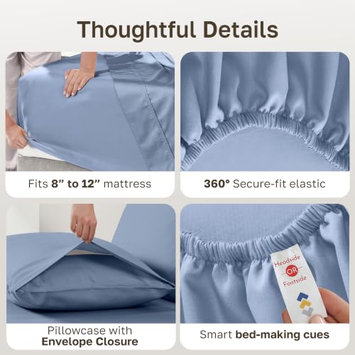 Image of California Design Den Twin Sheets Set - Natural 100% Cotton Sheets with 12 inch Pockets, Soft Sateen Weave, Breathable and Durable Bedding Set for Dorm Rooms, College (Blue Hydrangea)