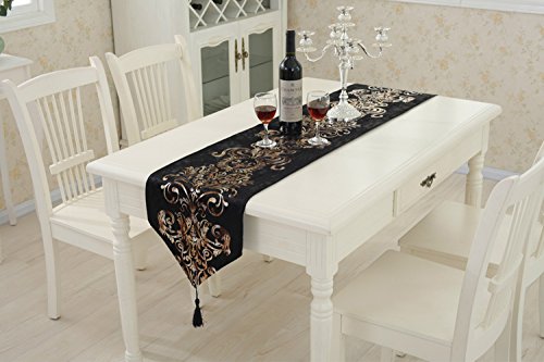 Prior.choice Elegant Luxury Shiny Black Velvet Damask Deco Tassels Wedding Party Hotel Restaurant Bed Table Runner Cloth (13Inch X 82Inch) #TOP3