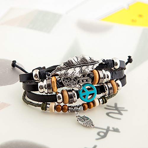 Image of Young & Forever Multi-Layer Leather Bracelet for Men | Adjustable Handmade Wrap Bracelet with Beads, Anchor, Evil Eye, Feather & Boho Charms | Vintage Punk Casual Wristband Gift for Men & Boys