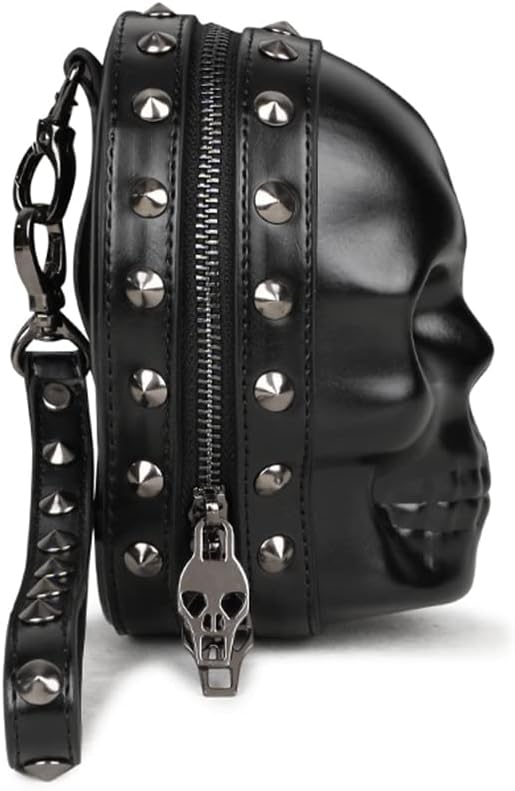 3D Skull Purse Wristlet Bag Waist Pack for Women Rivet Punk Gothic Clutch Wallet Handbag Belt Bags-Black