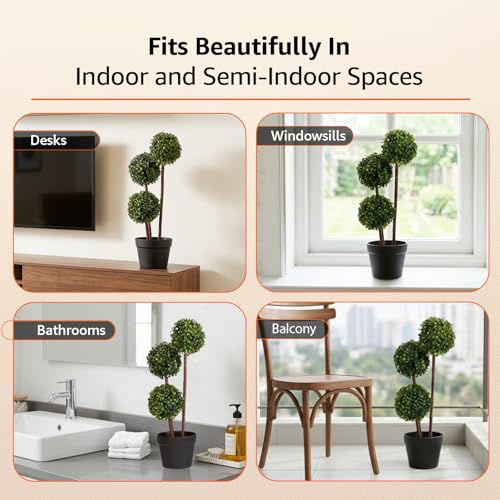 Image of amazon basics Artificial 3 Stem Topiary in Black Plastic Pot | Realistic 55 cm Faux Greenery | Durable Plastic | Stylish & Compact | Zero Maintenance | Indoor, Outdoor, Home & Office Decor
