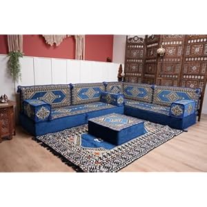Arabic Majlis, Turkish Floor Sofa, Arabic Jalsa, Floor Cushions, Majlis Sofa, Diwan Sofa, Arabic Floor Seating Set, Moroccan Sofa Set (L Sofa X Rug X Ottoman, Palace Royal Blue, 8” Thickness Sofa)